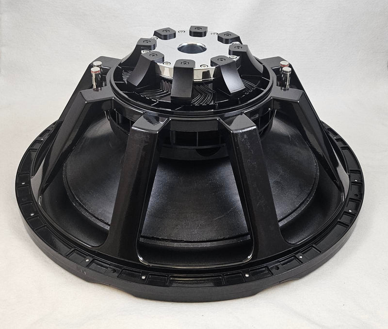 Stereo Integrity HFS-24 compact 24 inch subwoofer, rear three-quarter view of the neodymium cup motor and coupling arms