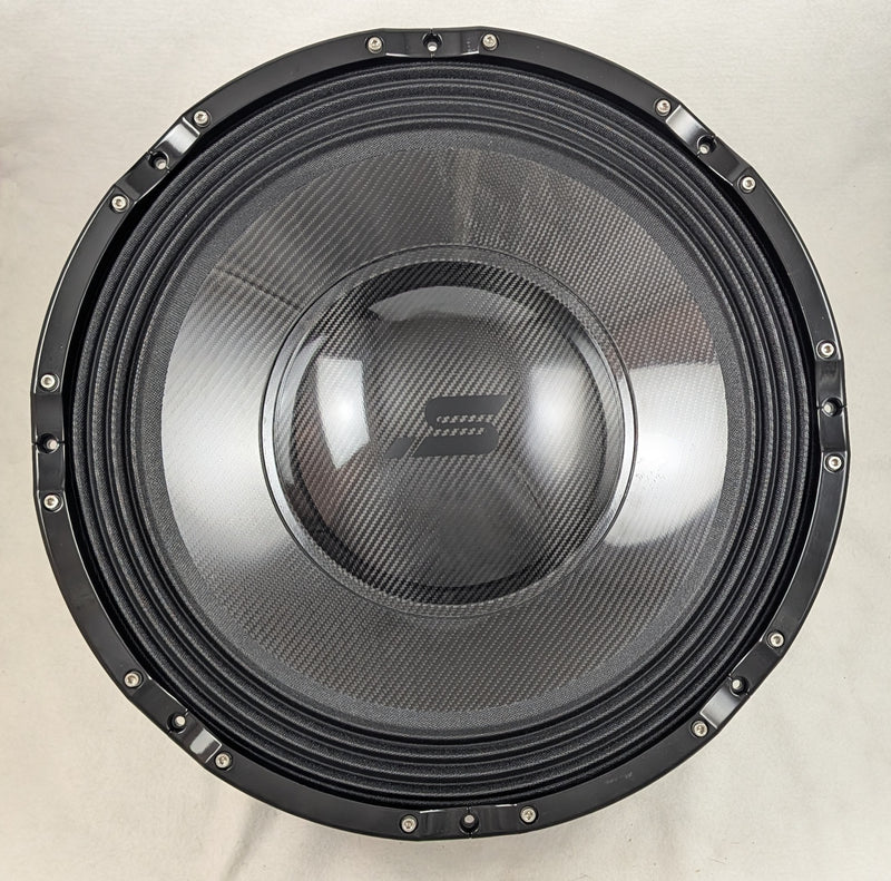 Stereo Integrity HS-24 subwoofer, front view with the cloth accordion surround