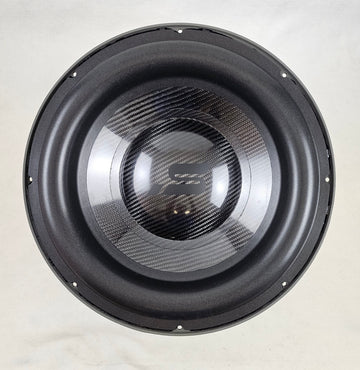 Stereo Integrity HST-15 15 inch subwoofer, front view of the carbon fiber cone and dust cap