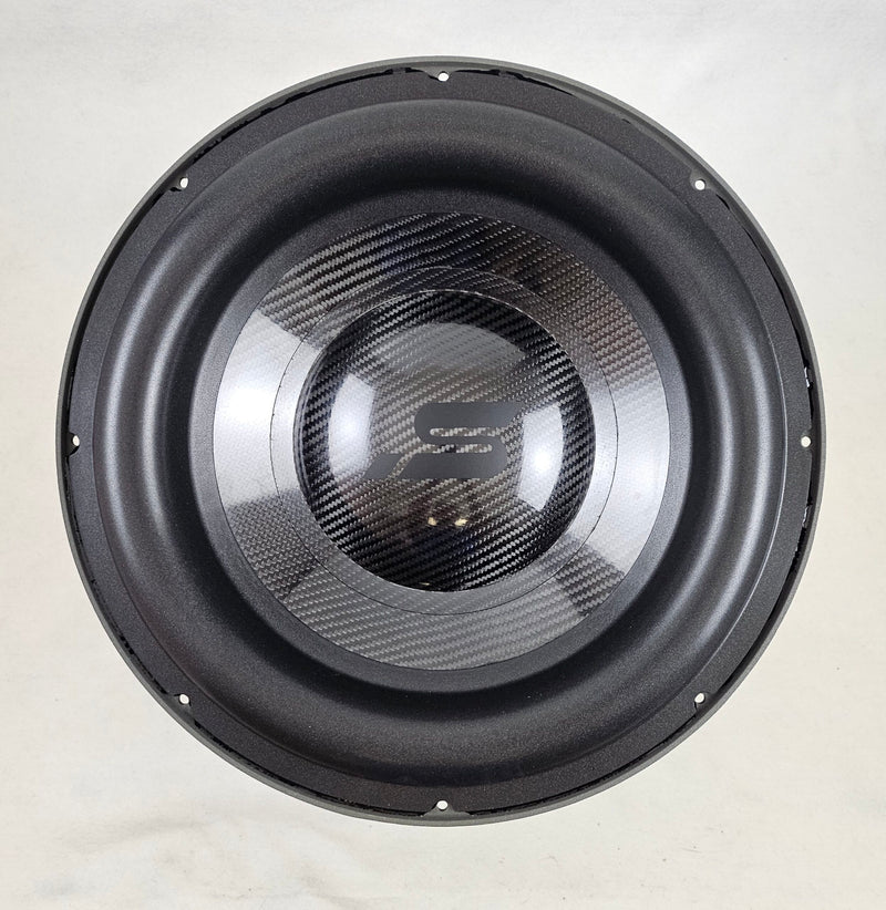 Stereo Integrity HST-15 15 inch subwoofer, front view of the carbon fiber cone and dust cap