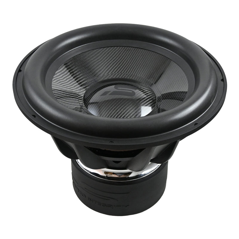 Stereo Integrity HST-18 three-quarter view of the carbon fiber cone, foam surround and motor