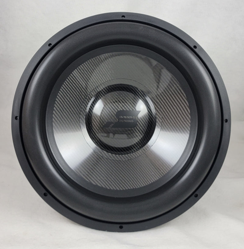 Stereo Integrity HST-18 18 inch subwoofer, front view of the carbon fiber cone and dust cap