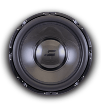 Stereo Integrity IB-24 infinite baffle subwoofer, front view of the carbon fiber cone and logo dust cap