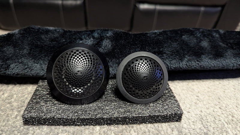 Stereo Integrity M22 and M25 tweeters side by side for size comparison