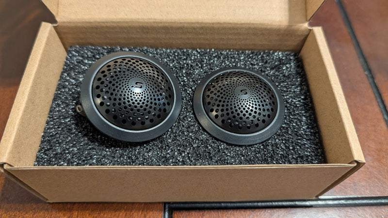 Stereo Integrity M22 tweeter pair in the retail box with foam insert