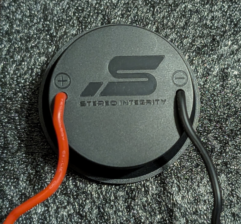 Stereo Integrity M22 tweeter, rear view of the logo chassis and direct leads