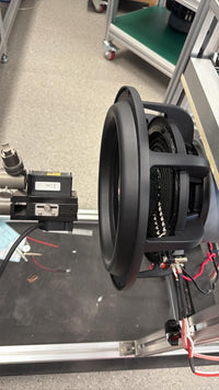 Stereo Integrity SQL 12 subwoofer mounted on a Klippel measurement rig