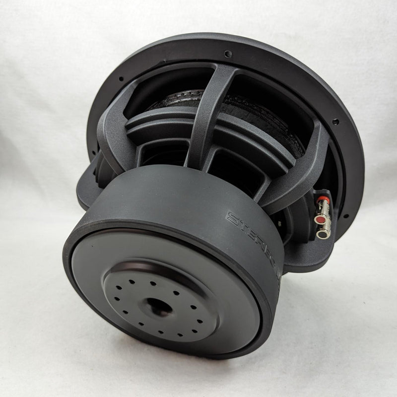 Stereo Integrity SQL 12 subwoofer, side view of the motor and cast basket arms