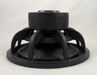 Stereo Integrity SQL 15 subwoofer, side profile with the cone facing down showing the motor and basket arms