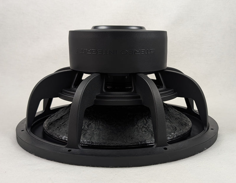 Stereo Integrity SQL 15 subwoofer, side profile with the cone facing down showing the motor and basket arms