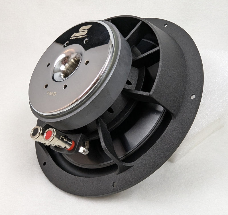 Stereo Integrity TM8 midbass, rear three-quarter view of the motor and terminals