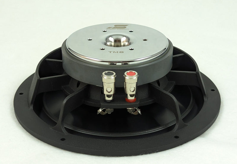 Stereo Integrity TM8 midbass, low rear view of the cast basket and terminals