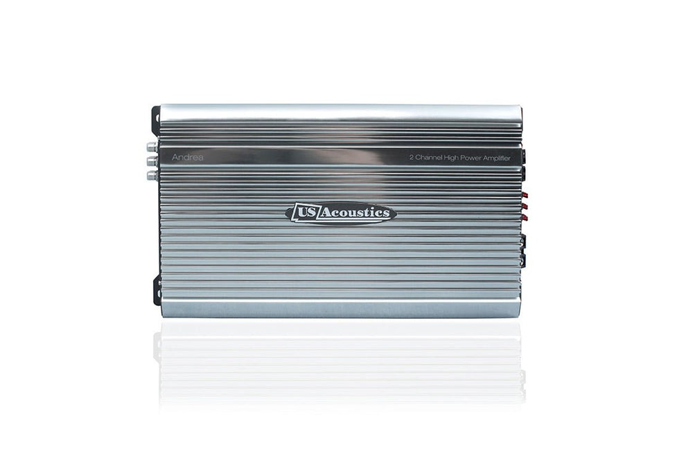 US Acoustics Andrea 2 channel Class AB car amplifier, 2 x 150 watts, top view with gain and crossover controls visible