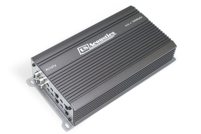 US Acoustics Kristy amplifier photographed from the front left, showing the depth of the heatsink fins