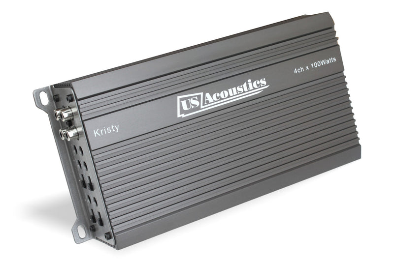 US Acoustics Kristy amplifier at an angle showing the RCA input end and mounting feet