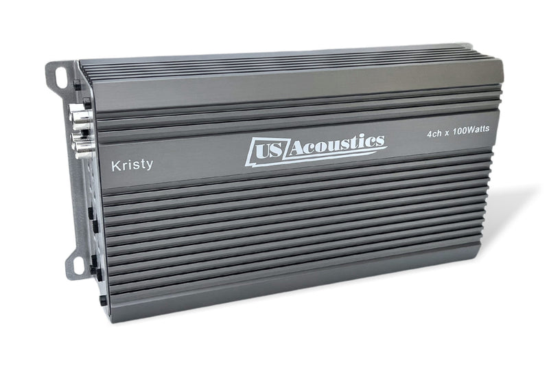 US Acoustics Kristy amplifier tilted to show the RCA input side and the integrated mounting feet