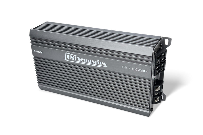 Overhead angled view of the US Acoustics Kristy amplifier with the speaker terminal end at the right