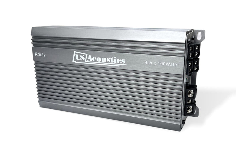 US Acoustics Kristy amplifier at an angle showing the power, ground and speaker terminal end