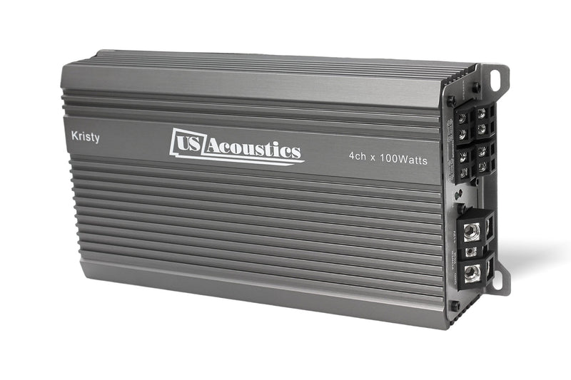 US Acoustics Kristy amplifier tilted to show the terminal side and the compact chassis