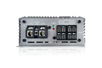 Power end of the US Acoustics Kristy with ground, remote and plus 12 volt terminals, green power and red protect LEDs, and speaker terminals marked for bridging