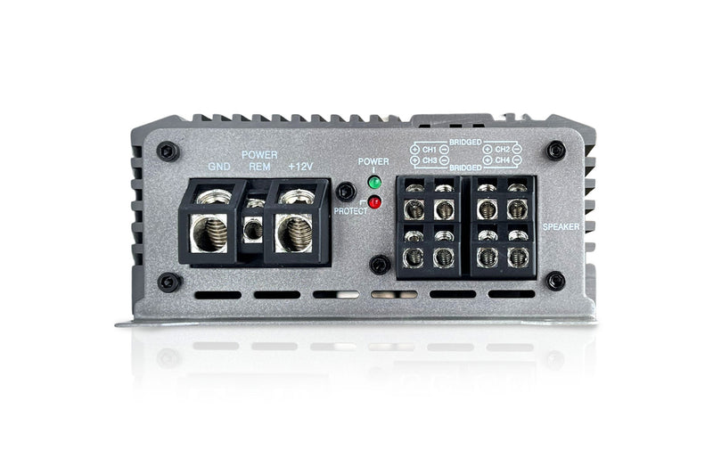 Power end of the US Acoustics Kristy with ground, remote and plus 12 volt terminals, green power and red protect LEDs, and speaker terminals marked for bridging