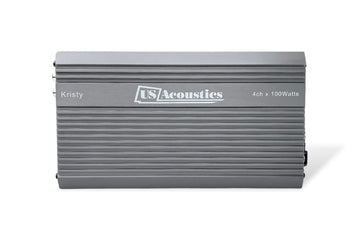 US Acoustics Kristy 4-channel Class D amplifier, top view of the brushed grey finned heatsink with the Kristy name and 4ch x 100Watts marking