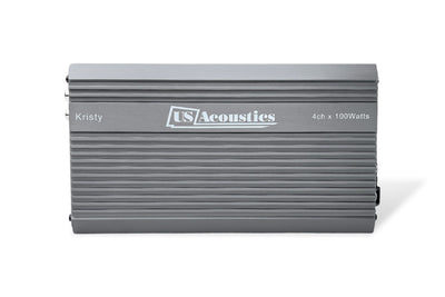 US Acoustics Kristy 4-channel Class D amplifier, top view of the brushed grey finned heatsink with the Kristy name and 4ch x 100Watts marking