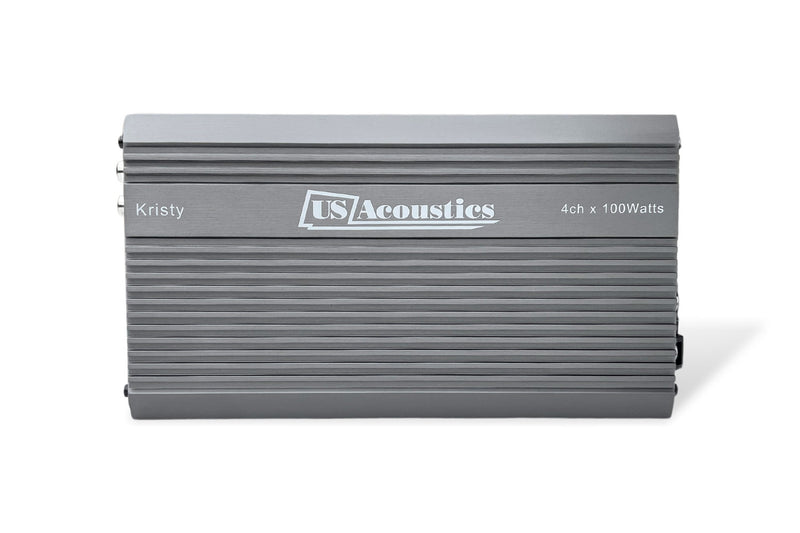 US Acoustics Kristy 4-channel Class D amplifier, top view of the brushed grey finned heatsink with the Kristy name and 4ch x 100Watts marking