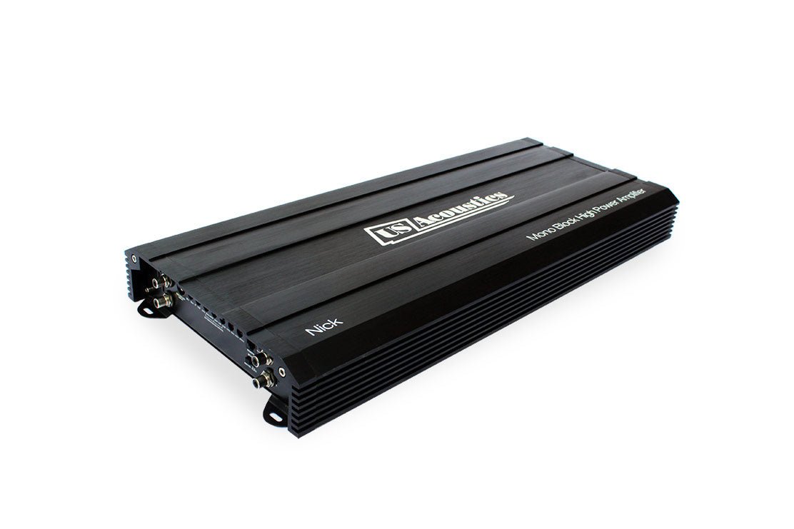 Black amplifier with brand logo on a white background