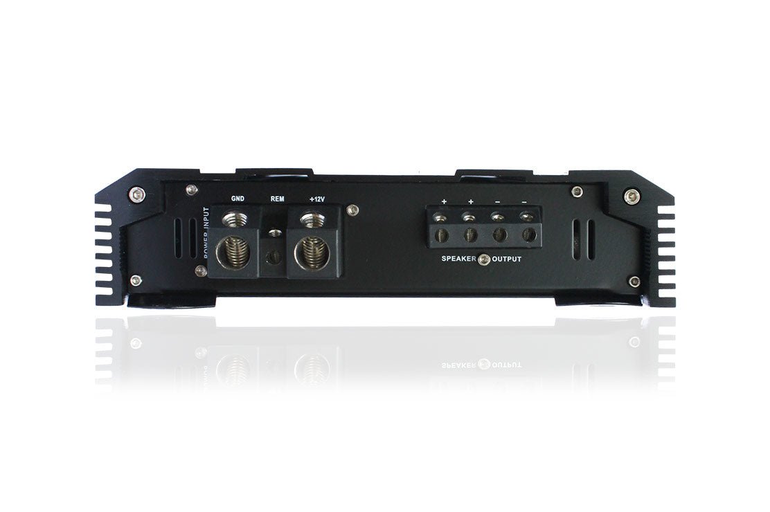 Black electronic amplifier on a white background