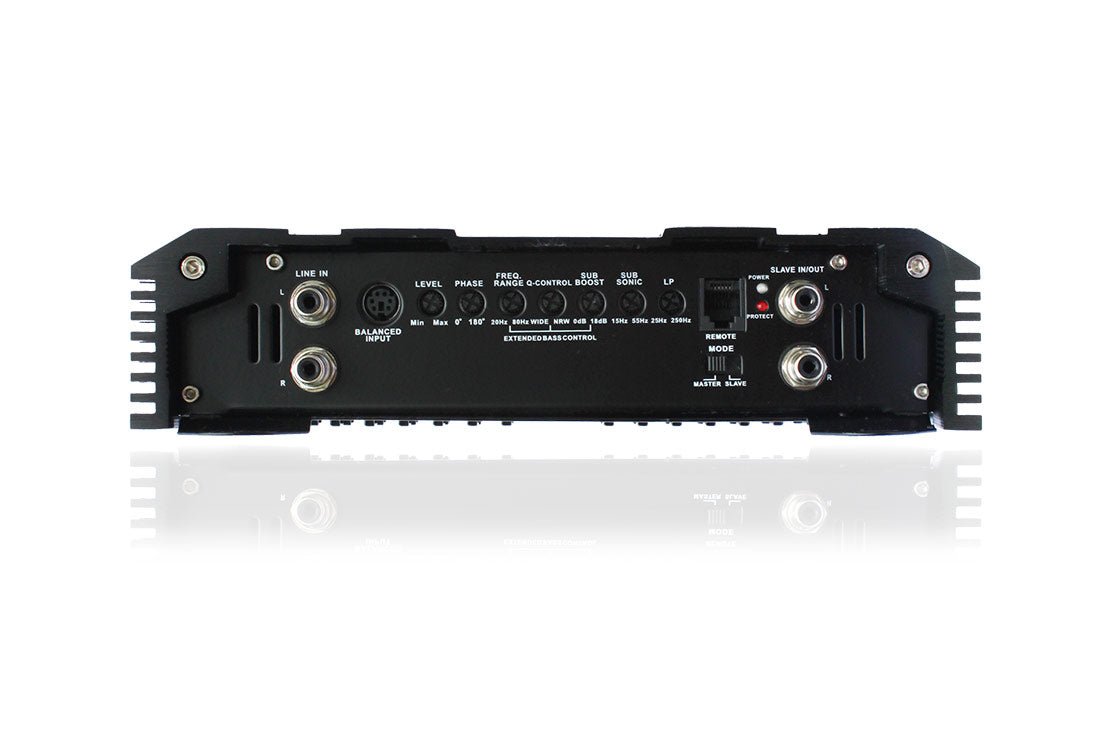 Back view of an audio amplifier on a white background