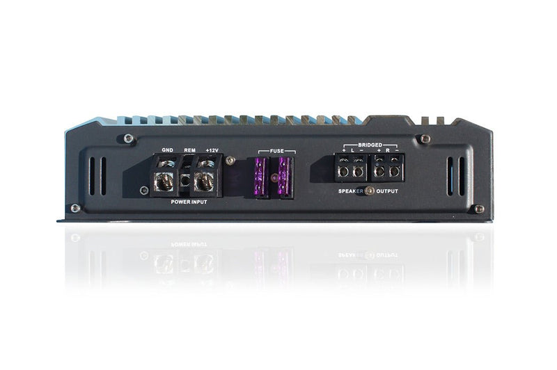 Audio amplifier with various connectors on a white background