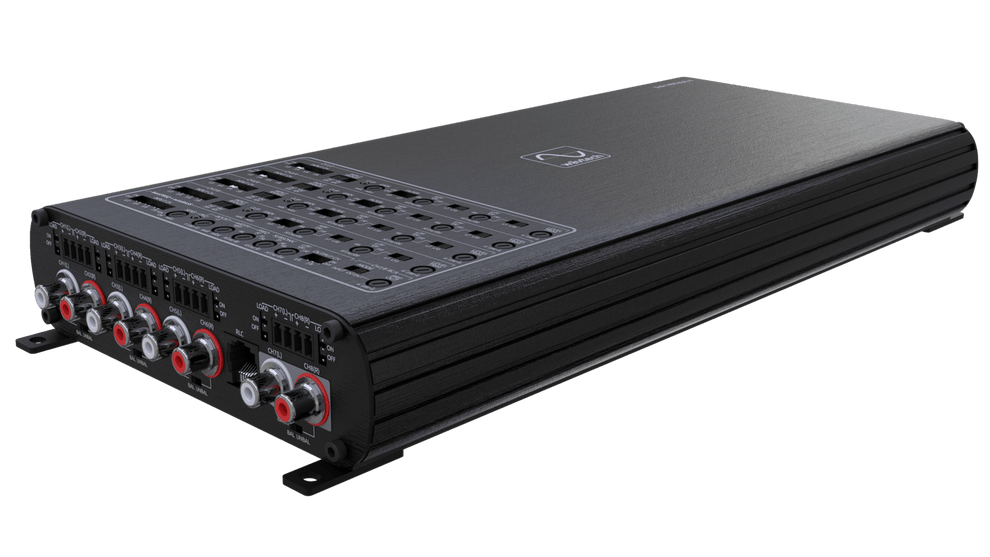 Wavtech link1400.8plus eight channel car amplifier showing the full bank of speaker terminals used for a fully active front stage