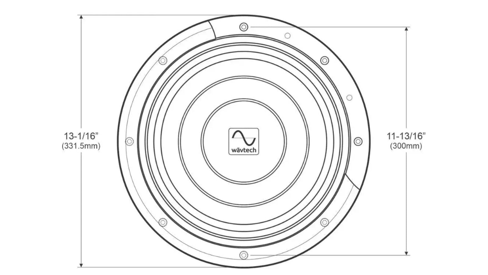 Technical drawing of a speaker cone with dimensions and Wavetech logo.
