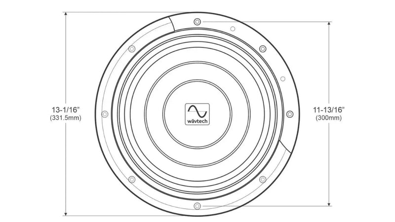 Technical drawing of a speaker cone with dimensions and Wavetech logo.